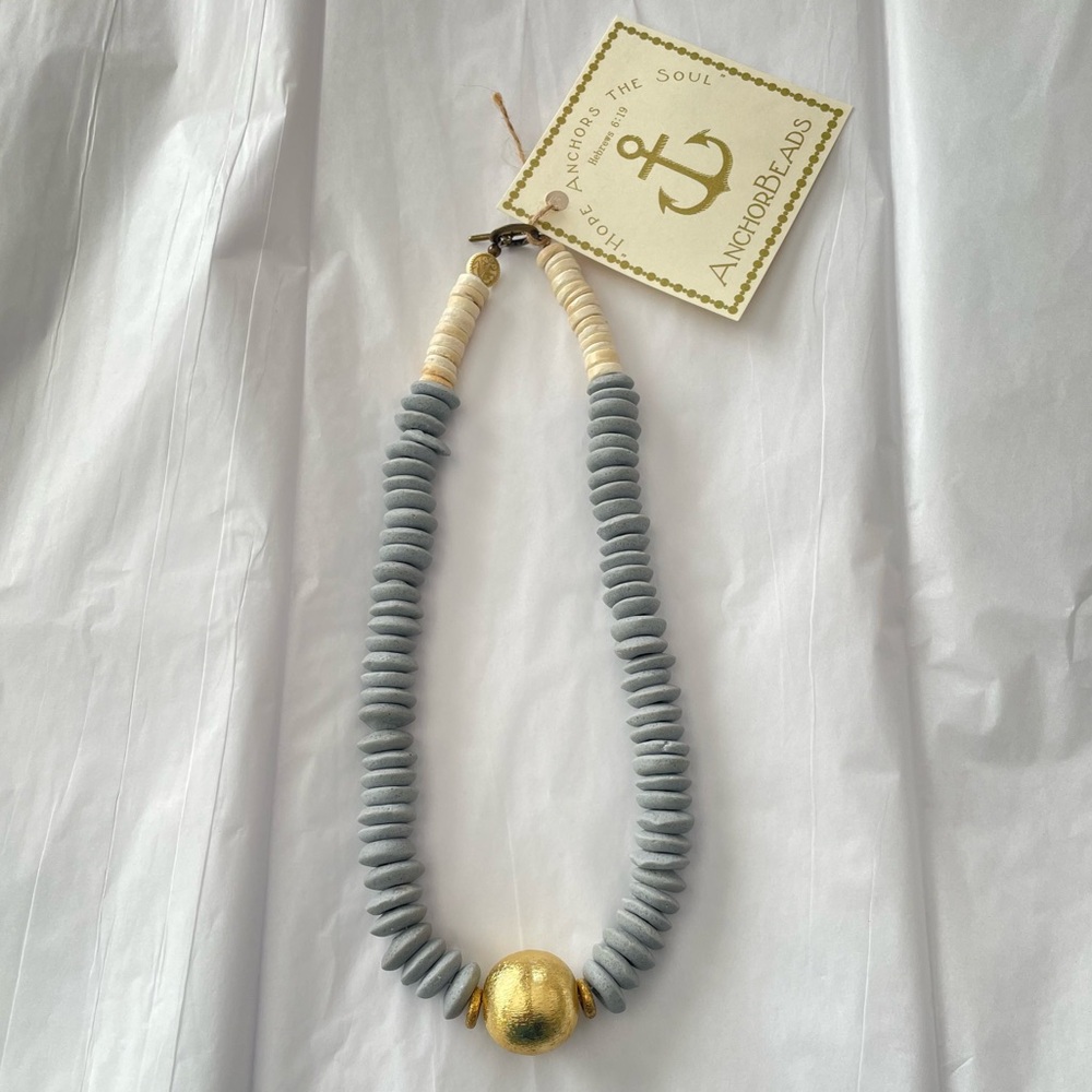 Anchor Beads Georgia Necklace Grey and Tan with Gold Bead 19” NEW WITH TAGS